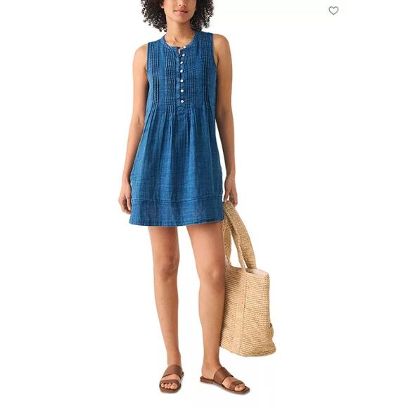 Faherty Women's SZ M 100% Organic Cotton Isha Linen Mini Dress In Indigo Pockets - Picture 3 of 8